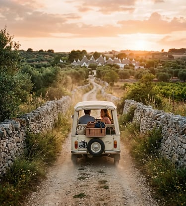 Couple riding vintage Ape Calessino on stone-walled path toward Alberobello trulli at golden sunset