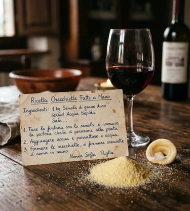Handwritten orecchiette recipe card with red wine and semolina flour on wooden table