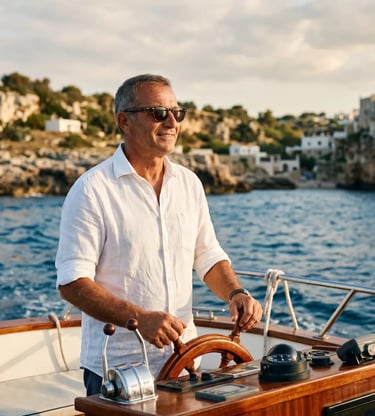 Italian skipper in white linen shirt at wooden wheel of private boat near Polignano cliffs