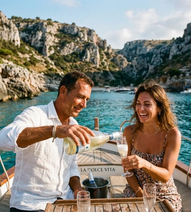 Italian skipper pouring chilled prosecco for smiling woman on private boat near Polignano cliffs.