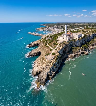 Aerial view of Santa Maria di Leuca lighthouse and basilica at Punta Meliso, southern Salento, Puglia