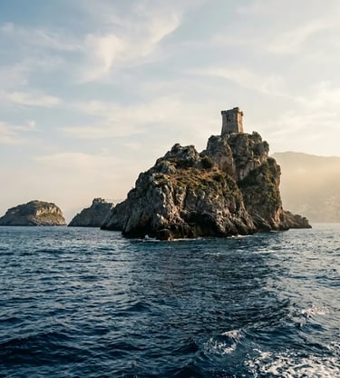 Li Galli island with medieval tower seen from Positano to Capri boat tour, Amalfi Coast