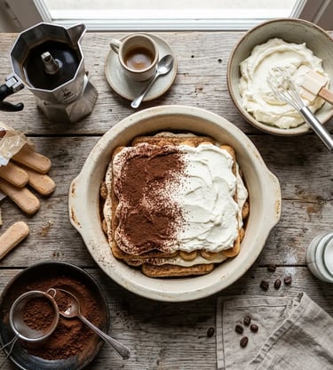 Overhead view of homemade tiramisu with mascarpone, cocoa, savoiardi and moka pot on wood table