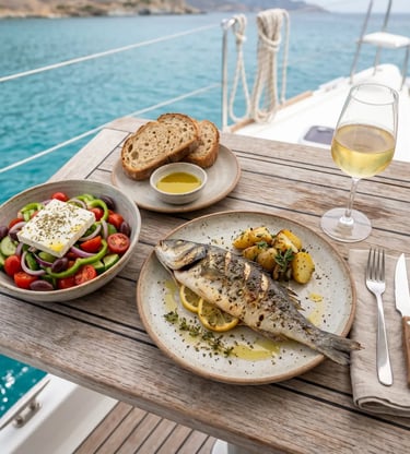 Grilled fish, Greek salad and white wine on the teak table of a luxury catamaran in Milos (