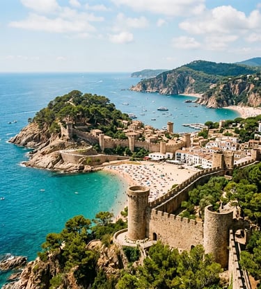 Aerial view of Vila Vella fortress walls and Tossa de Mar beach on the Costa Brava coastline