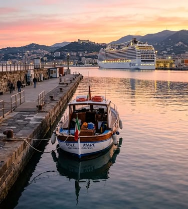 Small tour boat moored at Molo Manfredi Salerno port with cruise ship at sunset