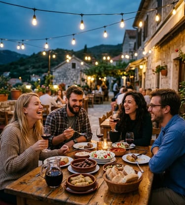 Travelers laughing over traditional Balkan dinner at an outdoor terrace at dusk