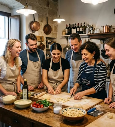 Travelers and a local guide making pasta during a hands-on cooking class in Bari