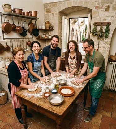 Travelers and local host laughing while kneading focaccia dough in a rustic Bari kitchen