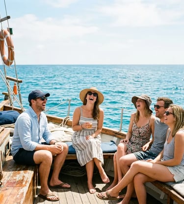 Small group of travelers laughing on a boat deck on the blue sea near Capri