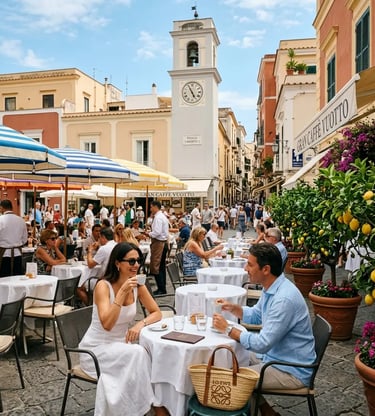 Couple enjoying espresso at Gran Caffè in Capri Piazzetta with lemon trees