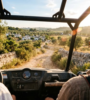 First-person buggy view of trulli village and Itria Valley dirt track at sunset