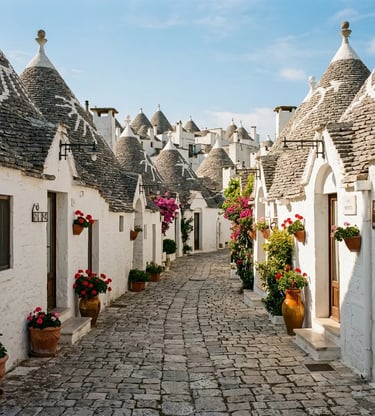 Whitewashed Trulli houses with conical stone roofs lining cobblestone street in Alberobello Puglia