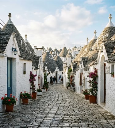 Whitewashed trulli houses with conical stone roofs along cobblestone street in Alberobello Puglia