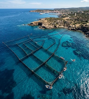 Aerial view of traditional tuna trap net chambers in turquoise waters off San Pietro island