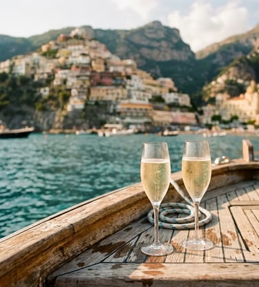  Two glasses of prosecco on a wooden Gozzo boat deck with Positano village in background