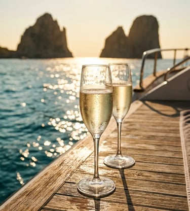 Two chilled Prosecco glasses on wooden yacht deck with Faraglioni rocks at golden hour