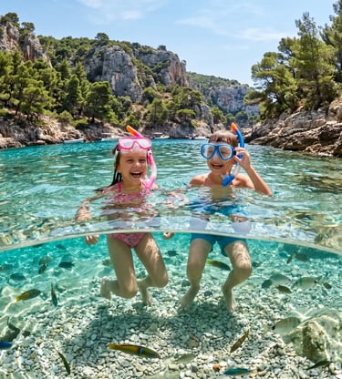 Two happy children snorkeling in crystal-clear turquoise water of a hidden bay near Brač island