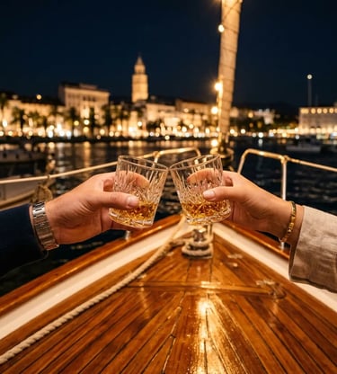 Two crystal glasses clinking on polished sailboat deck with Split harbor lights behind