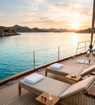Two sunbeds with folded towels on a private boat deck at sunset in the Adriatic