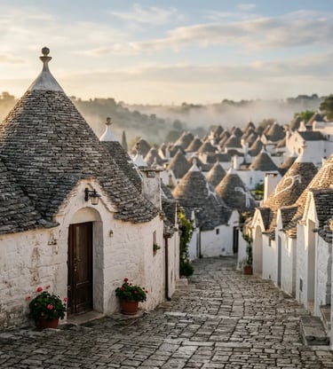 Conical trulli rooftops in Alberobello's Rione Monti district at golden sunrise, empty cobblestone street.