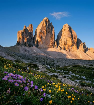 Tre Cime di Lavaredo at golden hour with purple and yellow alpine wildflowers