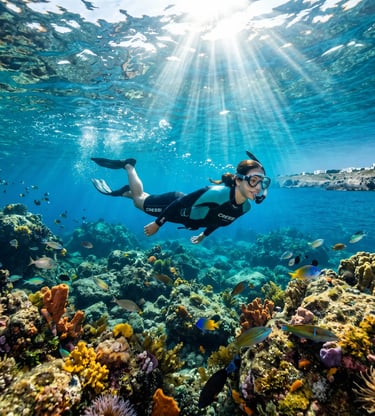 Female snorkeler in wetsuit exploring coral reef with tropical fish near Puglia coast
