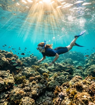 Woman snorkeling over rocky seabed with fish in crystal-clear Croatian waters