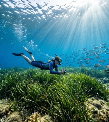 Woman snorkeling above seagrass meadow with school of fish in clear Adriatic water