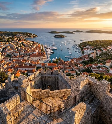 View from Španjola Fortress over Hvar Town harbor and Pakleni Islands at sunset