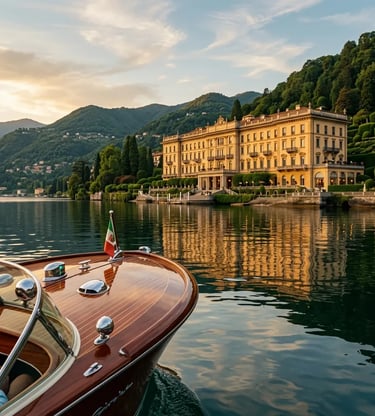 Historic wooden boat approaching Villa d'Este Cernobbio at golden hour Lake Como