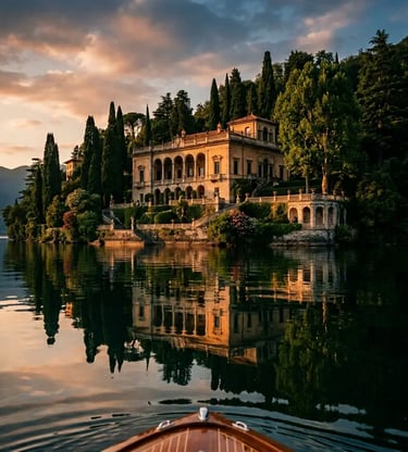 Villa del Balbianello at golden hour seen from private boat on Lake Como Lombardy Italy