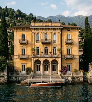 Villa Fontanelle neoclassical ochre façade viewed from private boat Lake Como