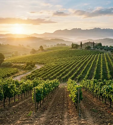 Penedès vineyard rows at sunrise with Montserrat mountains on the horizon