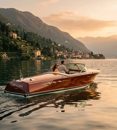 Luxury vintage wooden boat gliding on Lake Como at golden hour with lakeside villas