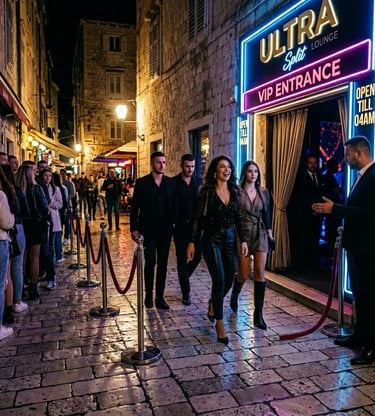 Group entering VIP nightclub past velvet rope on Split Croatia cobblestone street at night