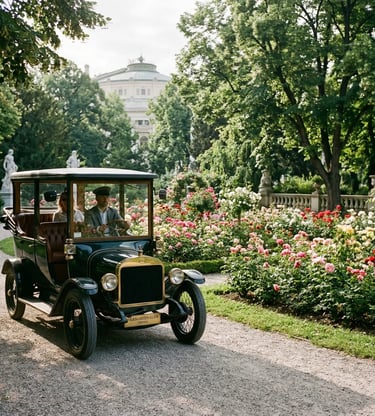 Green vintage car with chauffeur passing blooming rose garden in Volksgarten Vienna