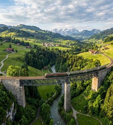 Green Voralpen-Express train crossing tall stone viaduct over river in lush Swiss Appenzell valley