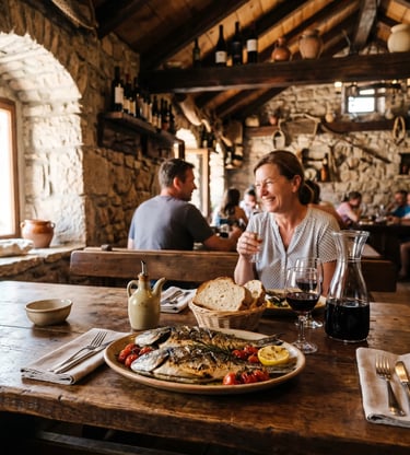 Grilled fresh fish and red wine at rustic Dalmatian konoba during Ston and Pelješac tour