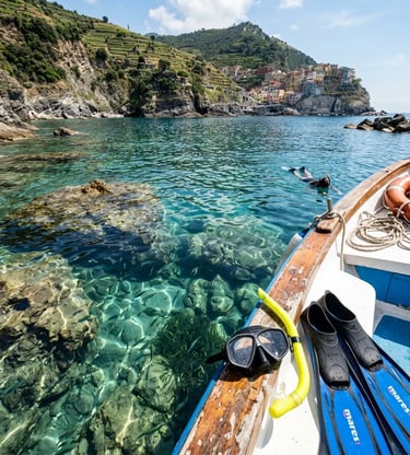 Snorkeling gear on boat deck with crystal clear water in Cinque Terre protected area