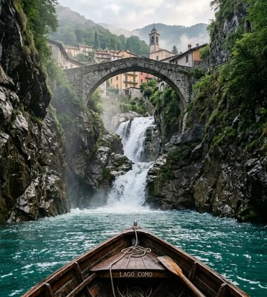 Orrido di Nesso waterfall viewed from a private boat beneath Ponte della Civera on Lake Como