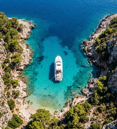 Aerial view of a private boat anchored in a turquoise cove near Split Croatia