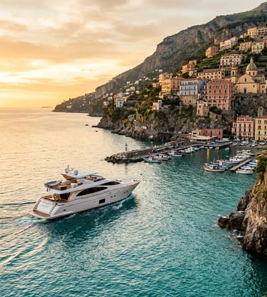 Private luxury boat departing Sorrento harbor along the Amalfi Coast at golden hour sunset