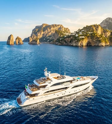 Luxury white yacht sailing past Faraglioni rocks off Capri island in the Tyrrhenian Sea