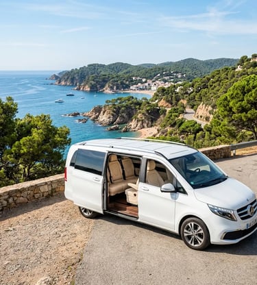 White private minivan parked at Costa Brava coastal overlook en route to Tossa de Mar
