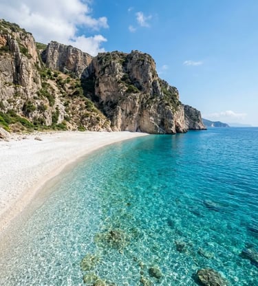 Secluded Paradise Beach Chomi Zakynthos with white pebbles and crystal turquoise Ionian Sea water