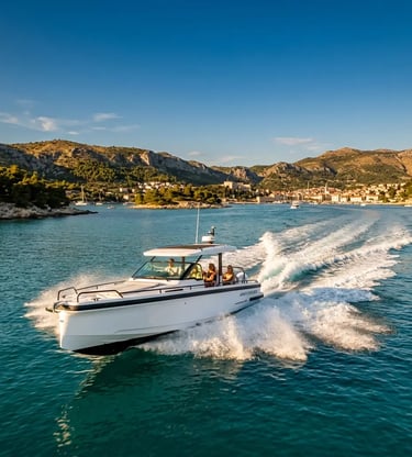 White speedboat carving the Adriatic on one of the exclusive Split excursions