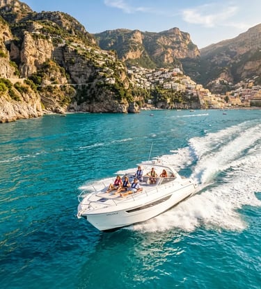 White speedboat cruising turquoise waters along the Amalfi Coast near Positano cliffs
