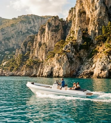 Small-group tender cruising turquoise water below Capri cliffs on the Sorrento boat tour