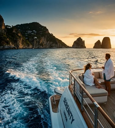 Couple on private yacht stern watching Faraglioni rocks at sunset off Capri coast